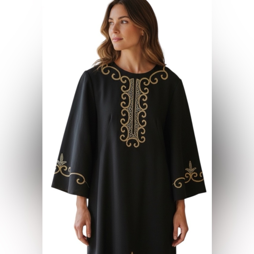 Vintage Trevira 2000 Black Gold Embroidered Dress Sz 46 (L/XL)